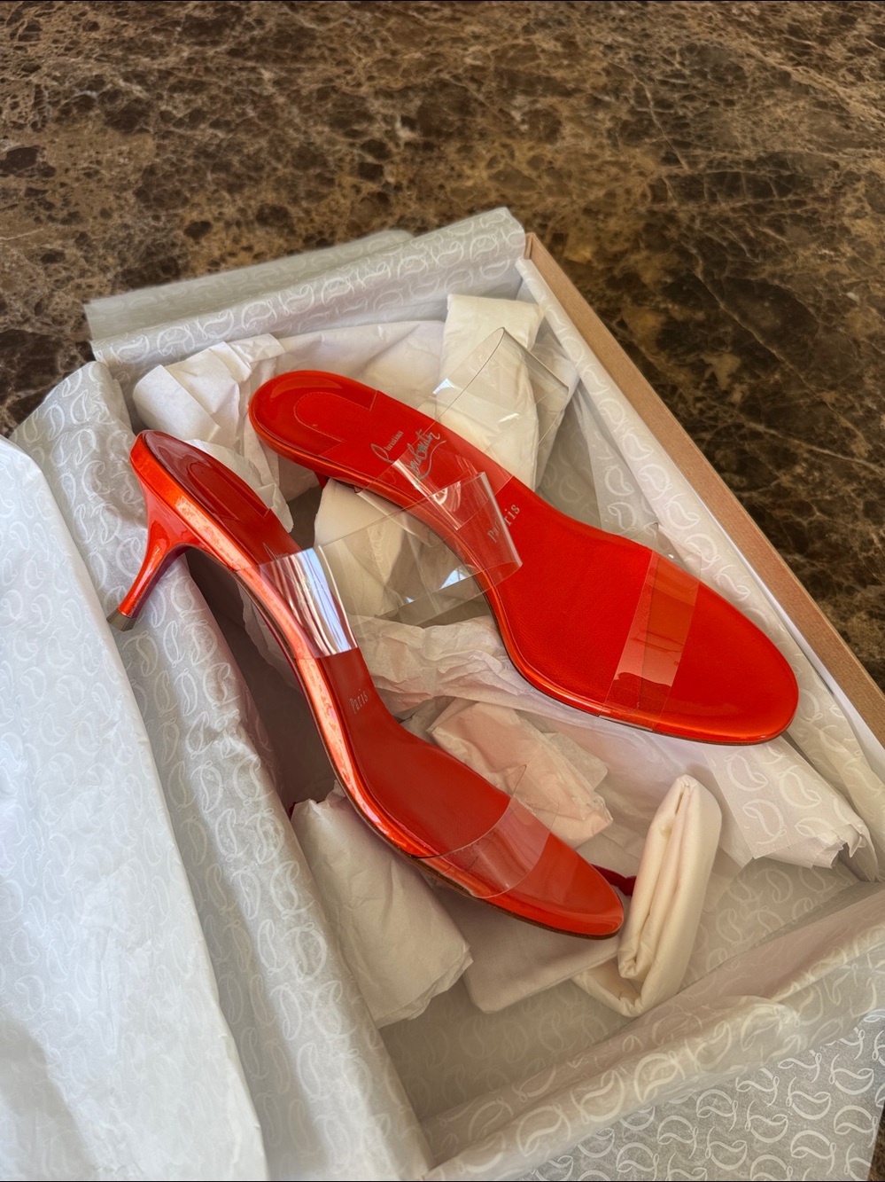 Christian Louboutin just nothing pvc orange magma 55mm stiletto sandal sz 38 - Picture 8 of 11